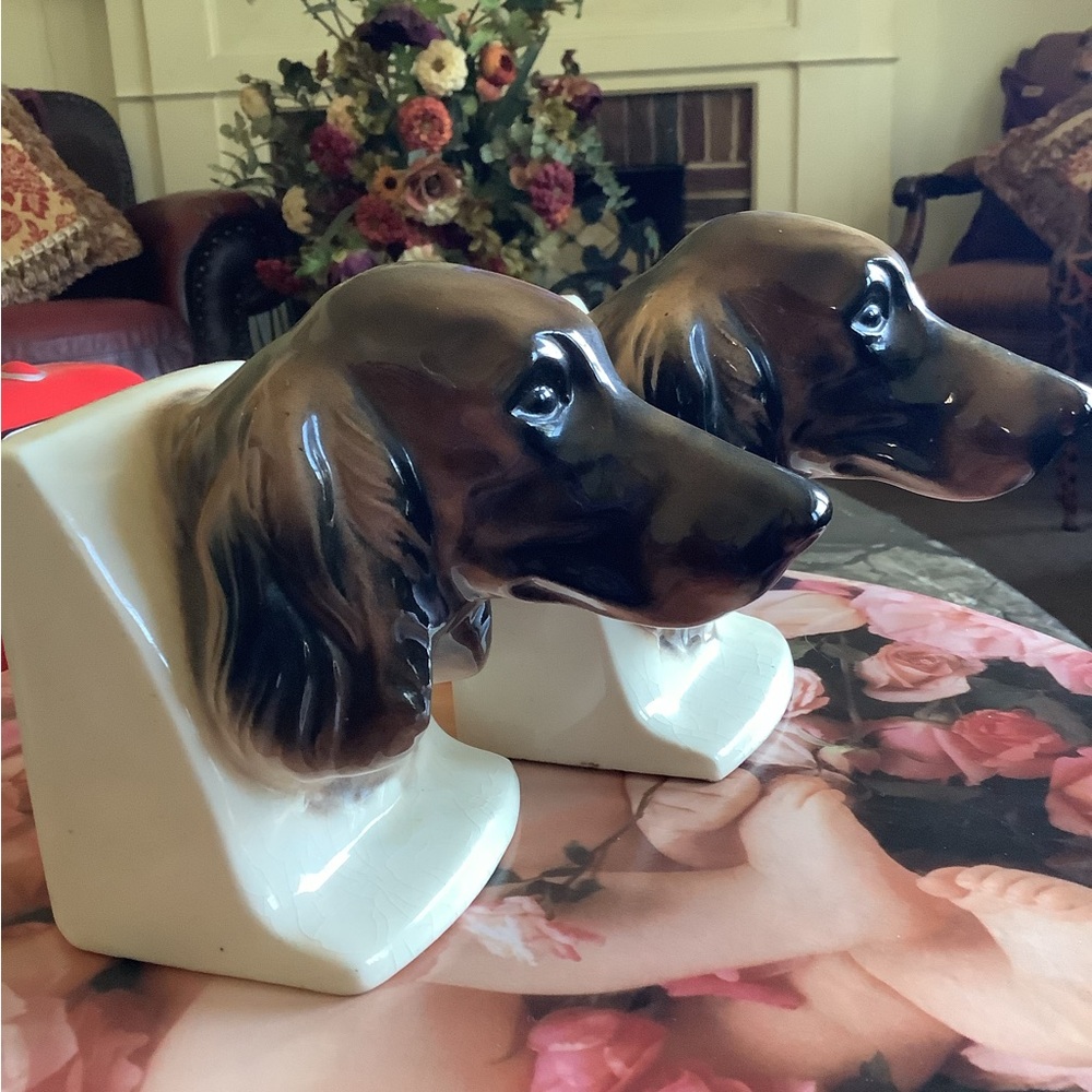 Vintage mcm pair of Irish English setter ceramic dog head bookends japan